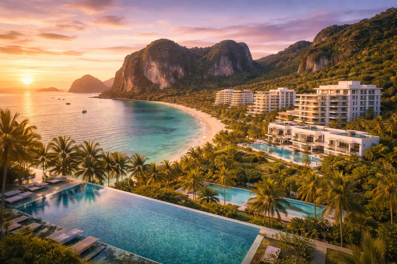 Панорамный вид на роскошные виллы и кондоминиумы в Краби, Таиланд - бирюзовое Андаманское море, инфинити-бассейны, тропические скалы на закате. Инвестиционная недвижимость Freehold и Leasehold в провинции Краби 2026.