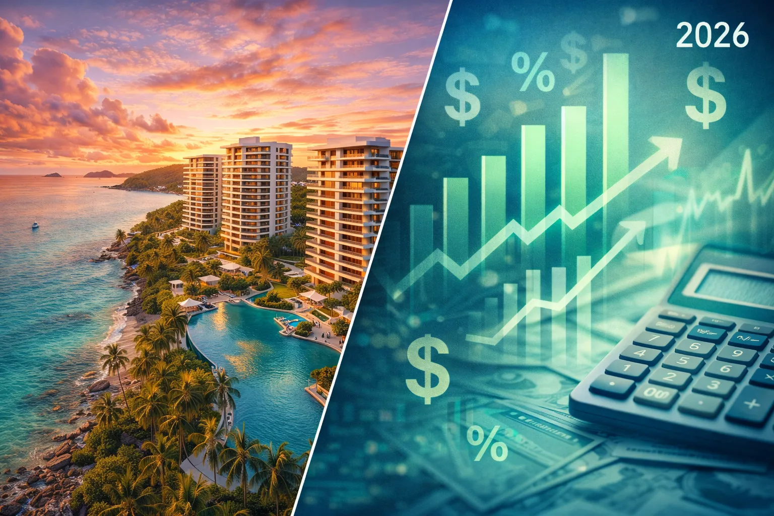 Таиланд недвижимость 2026: панорамный вид на роскошные кондоминиумы и виллы на побережье с финансовыми индикаторами роста инвестиций