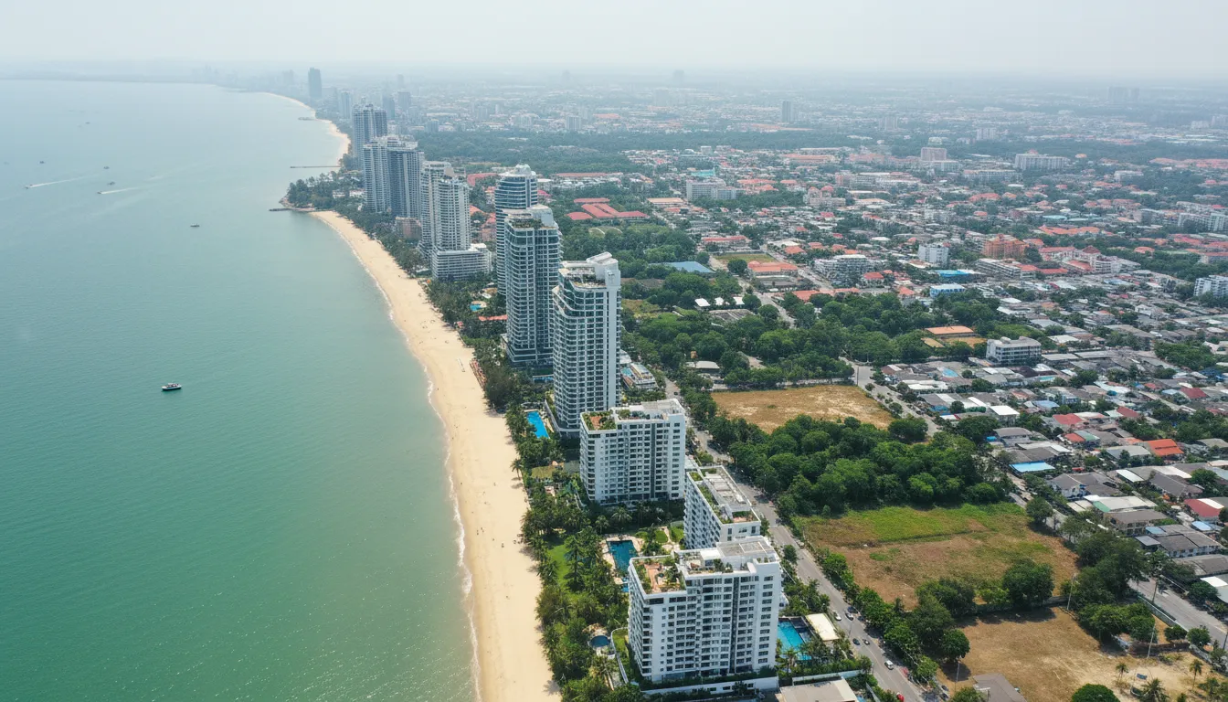 Вид на район Наклуа и пляж Вонгамат в северной Паттайе с высотными кондо у моря