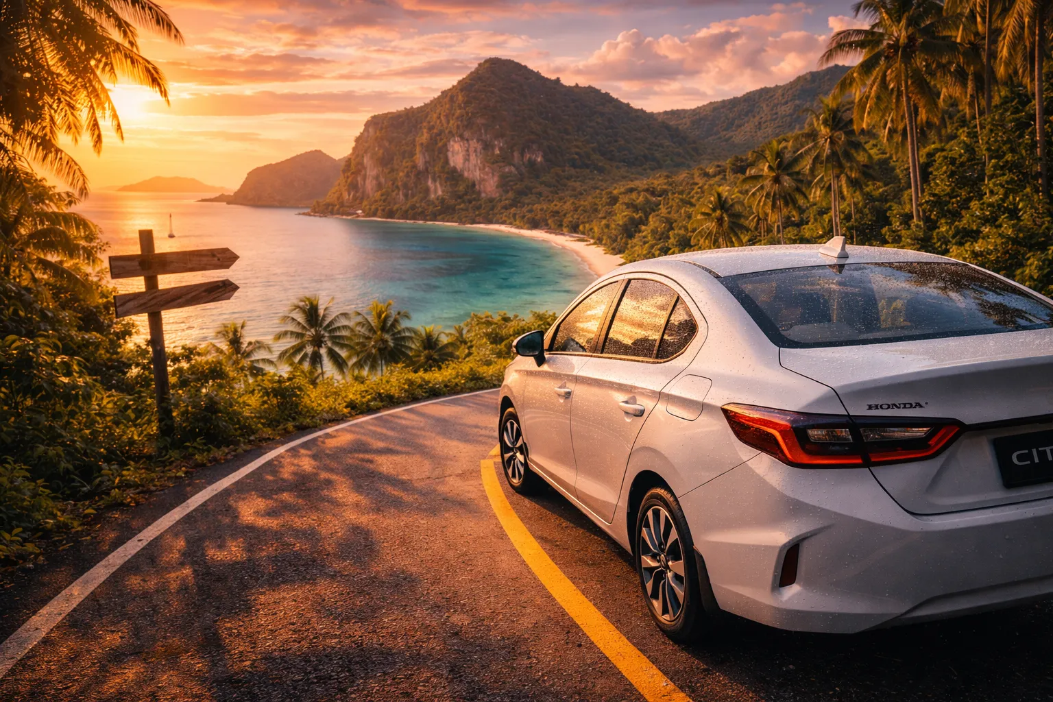 Белый седан Honda City на горной дороге Ко Чанга с видом на тропический пляж и бирюзовое море, аренда автомобиля в Таиланде 2026