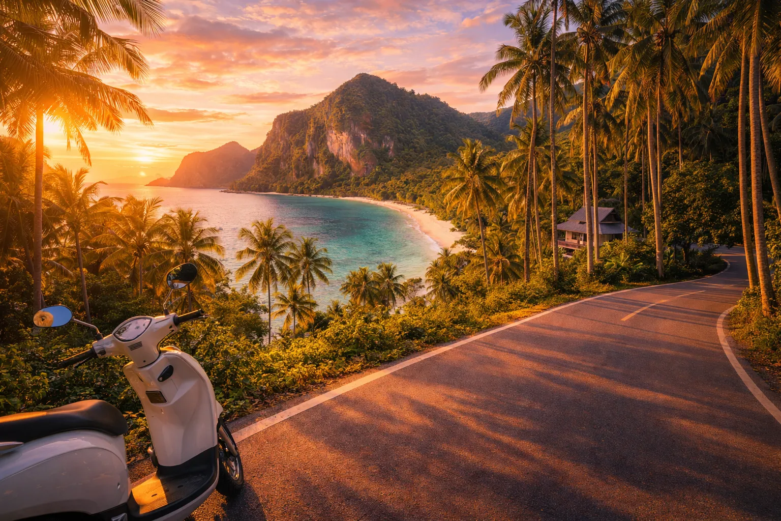 Аренда на Ко Чанге: скутер, автомобиль и вилла у тропического пляжа на фоне пальм и гор
