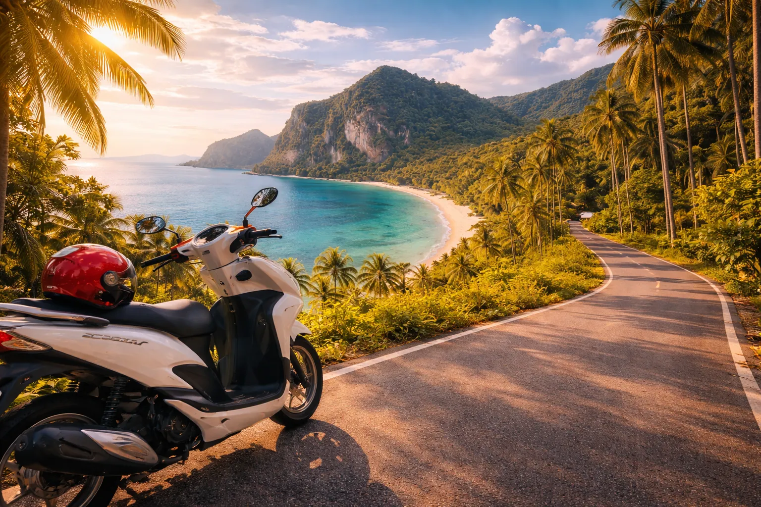 Белый скутер Honda Click 125 на фоне горной дороги и пляжа на острове Ко Чанг, Таиланд. Тропический пейзаж с пальмами и бирюзовым морем.