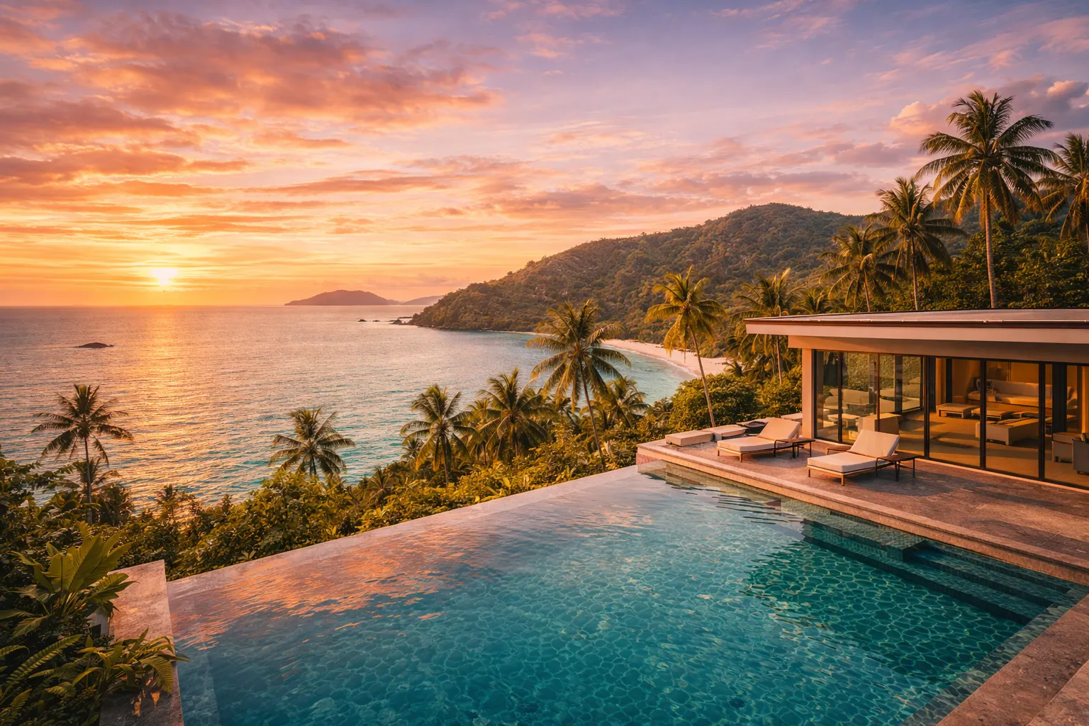 Современная вилла с бассейном на острове Ко Чанг, вид на море и пальмы на закате