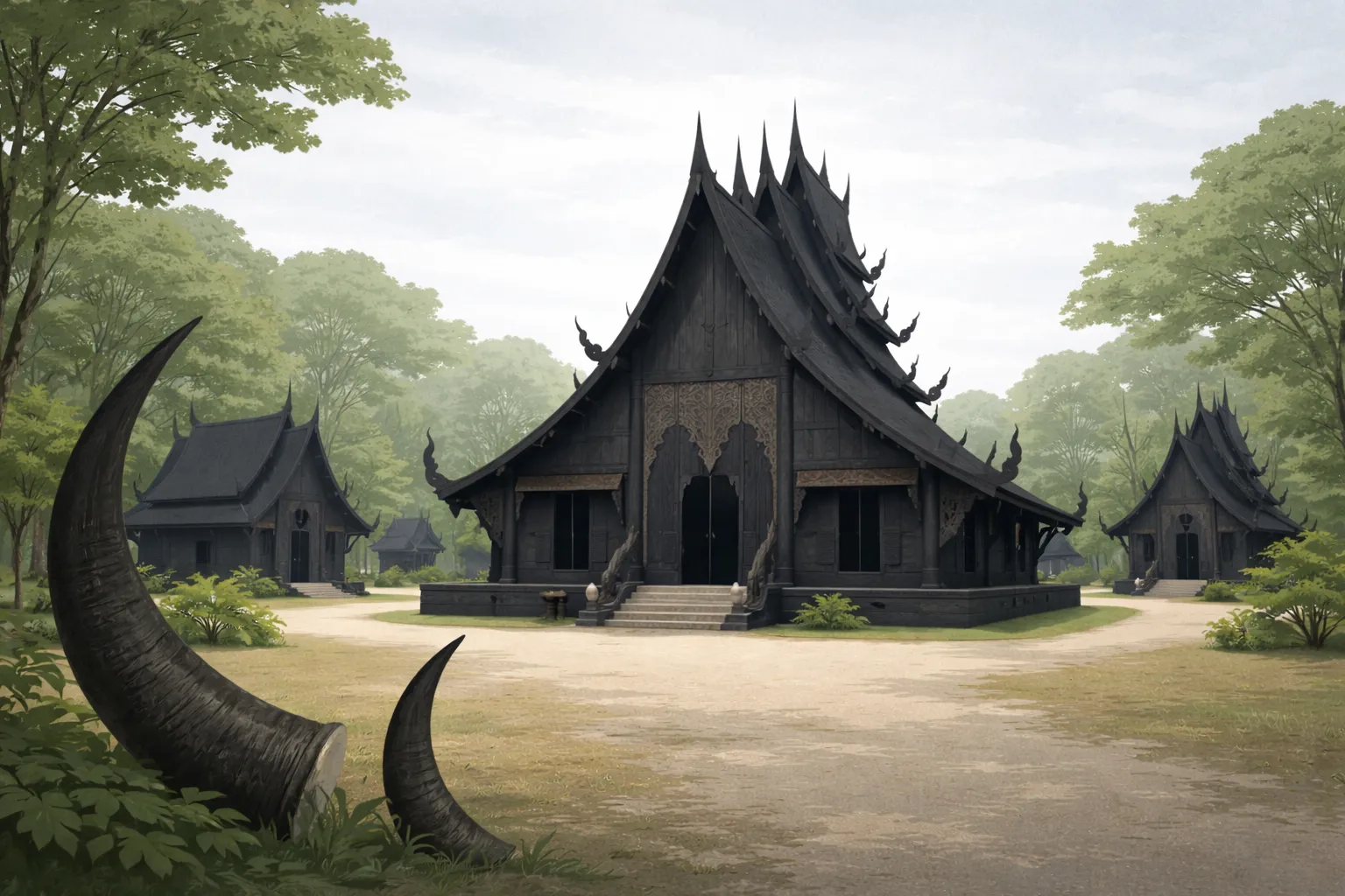 Комплекс Baan Dam в Чианграе: традиционные деревянные строения чёрного цвета на территории частного арт-музея Тавана Дучани