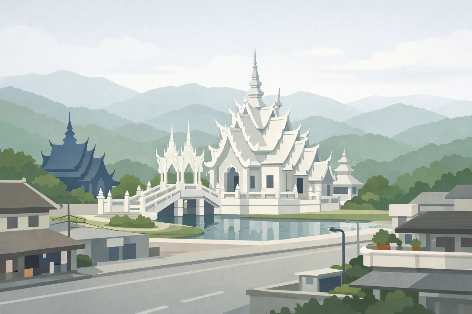 Панорама Чианграя с Белым храмом, горными холмами и городской застройкой - север Таиланда