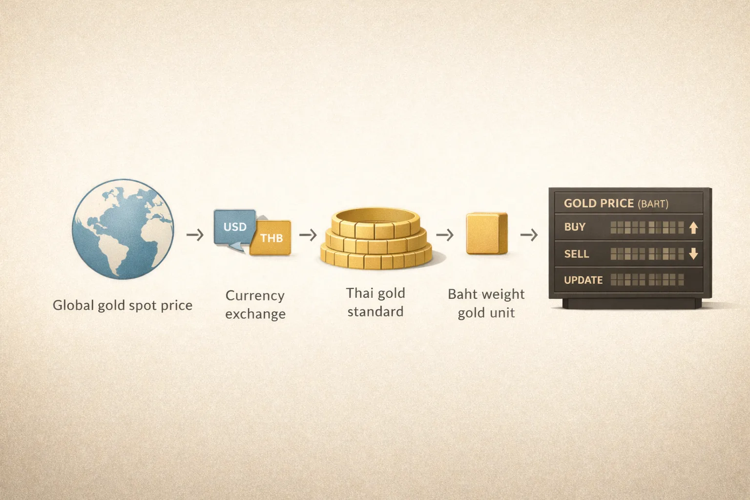 Схема формирования цены на золото в Таиланде: мировой спот, курс USD/THB и локальный рынок