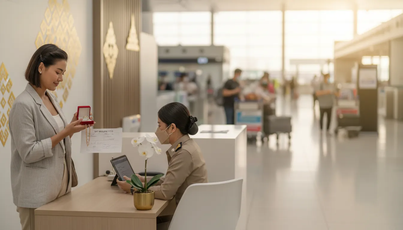 Турист оформляет VAT Refund на золотые украшения в аэропорту Таиланда с формой P.P.10 и ювелиркой в ручной клади