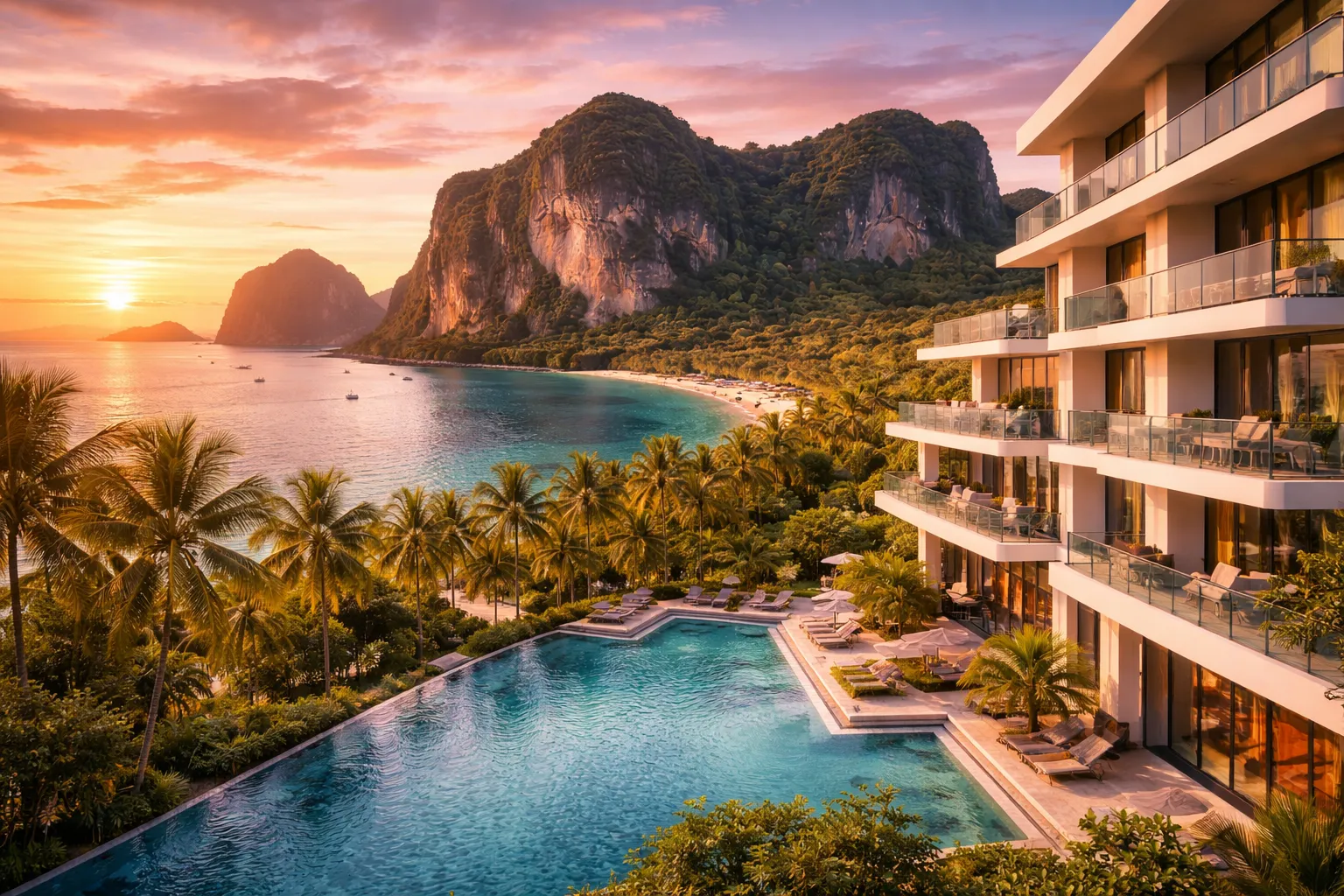 Современный кондоминиум в Ao Nang, Краби, с видом на известняковые скалы и андаманское море на закате