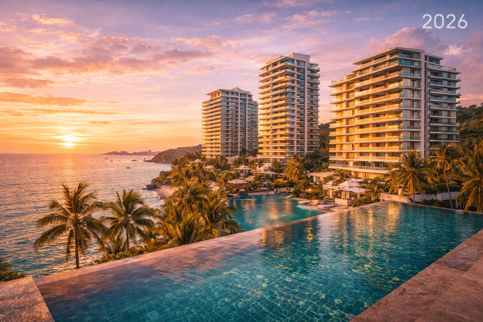 Современные кондоминиумы на берегу моря в Паттайе, Таиланд. Вид на ЖК с бассейном и закатом над заливом. Недвижимость для инвестиций 2026.