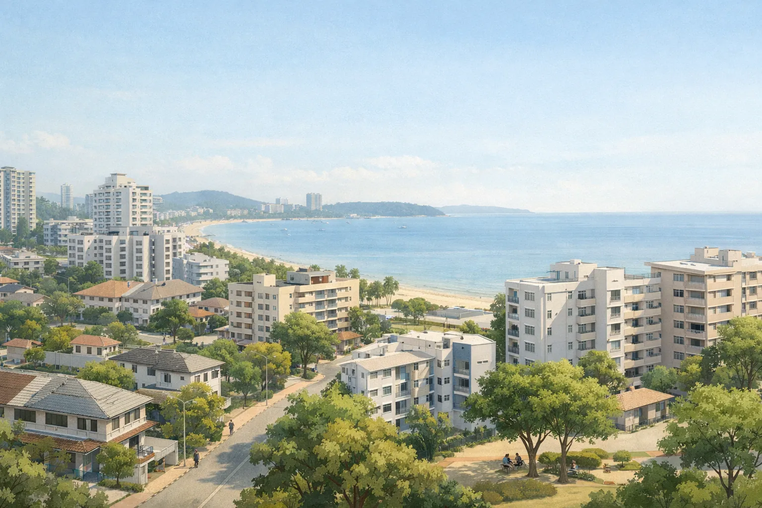 Городской пейзаж Паттайи с районами у моря, иллюстрирующий жизнь и долгосрочное проживание в городе