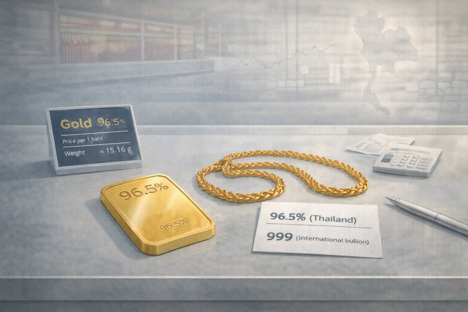 Золото 96.5% в Таиланде — слиток и украшение 23 карата на фоне таблицы цен