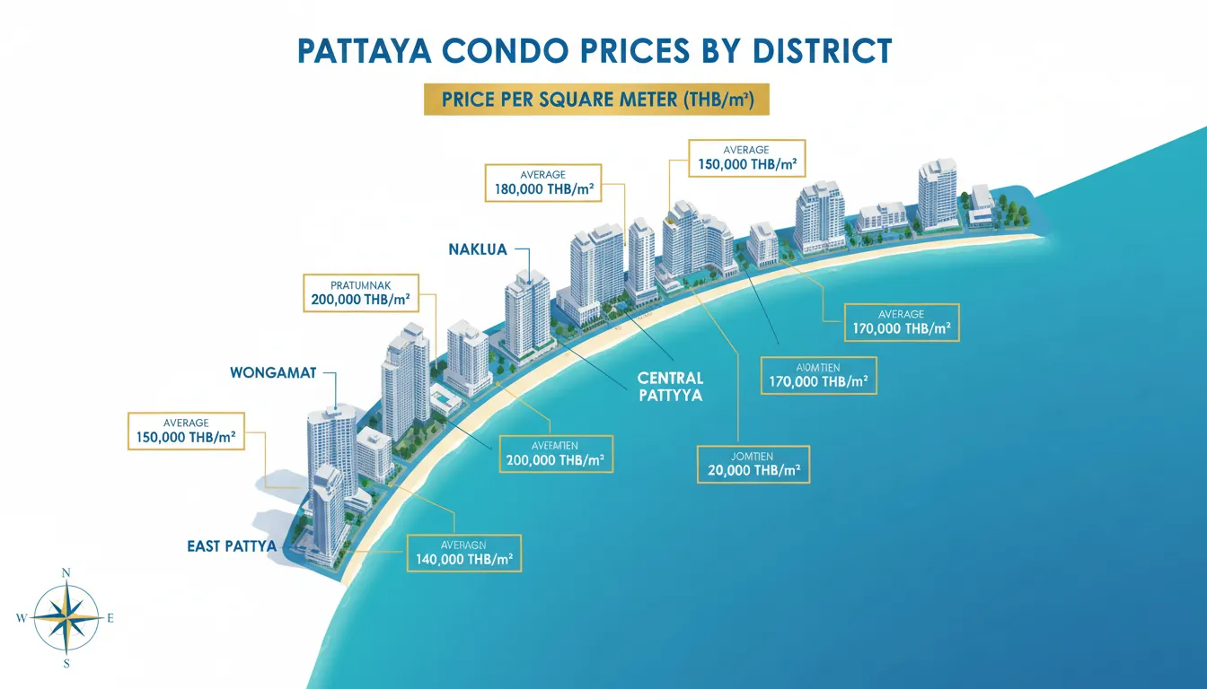 Карта районов Паттайи с ценами квартир по иностранной квоте и бат за м²