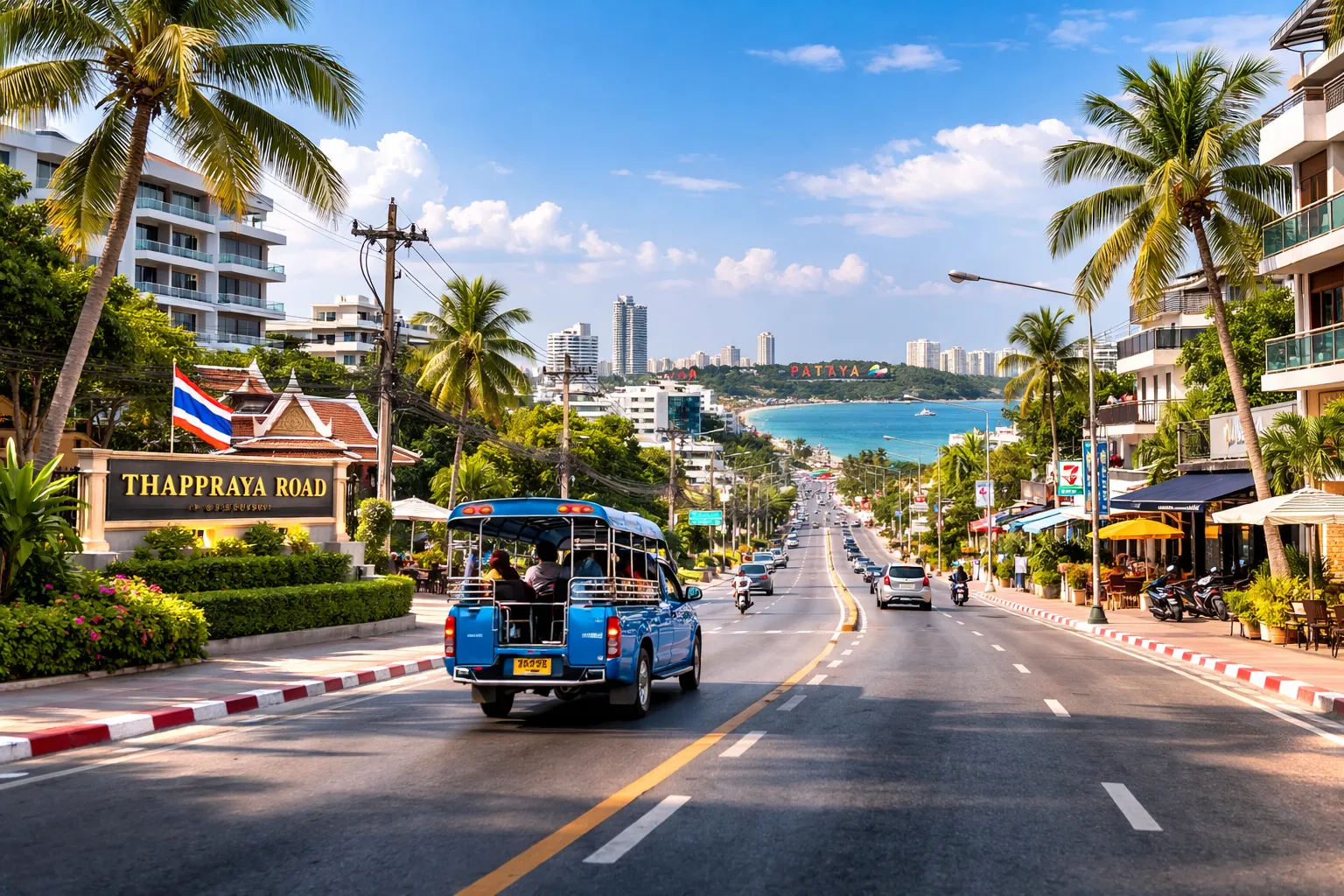 Транспорт в районе Пратамнак Паттайя — улица Thappraya Road и маршрут тук-туков между центром и Джомтьеном