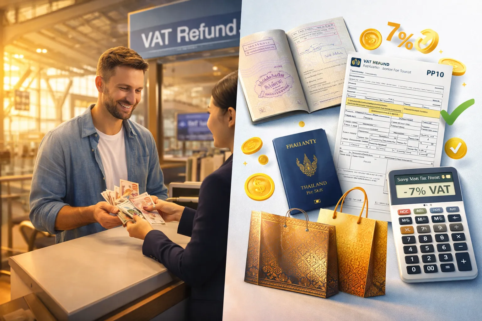 Турист получает возврат НДС VAT Refund в аэропорту Таиланда с паспортом и формой PP10 Tax Free