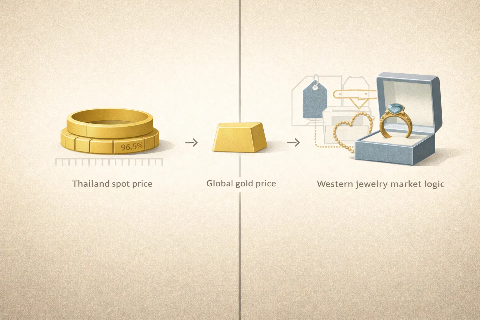 Comparison of gold price perception in Thailand and Western markets, showing purity, weight, and pricing structure differences