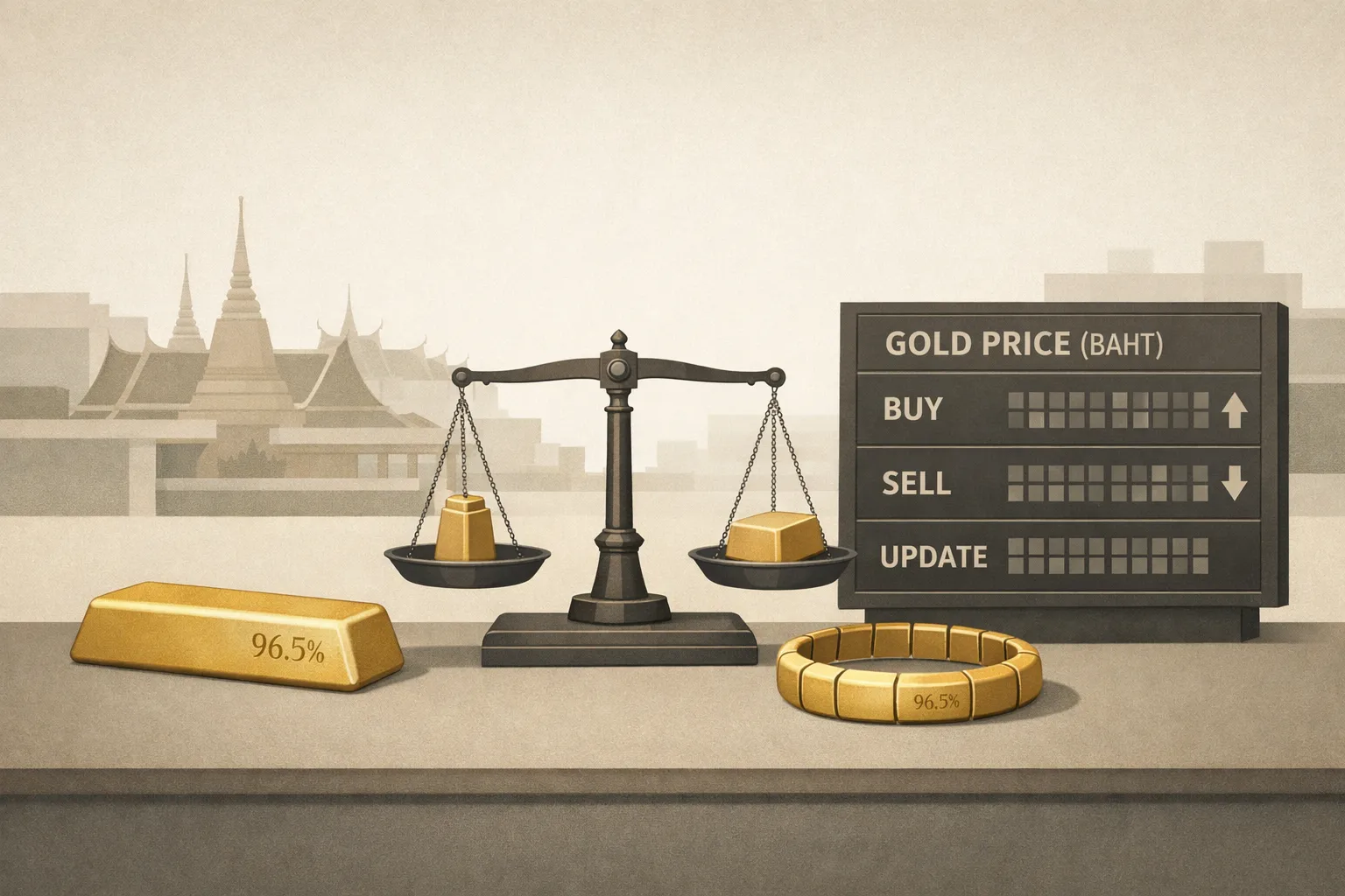 Тайский рынок золота с отображением цены за бат и традиционной пробы 96,5%