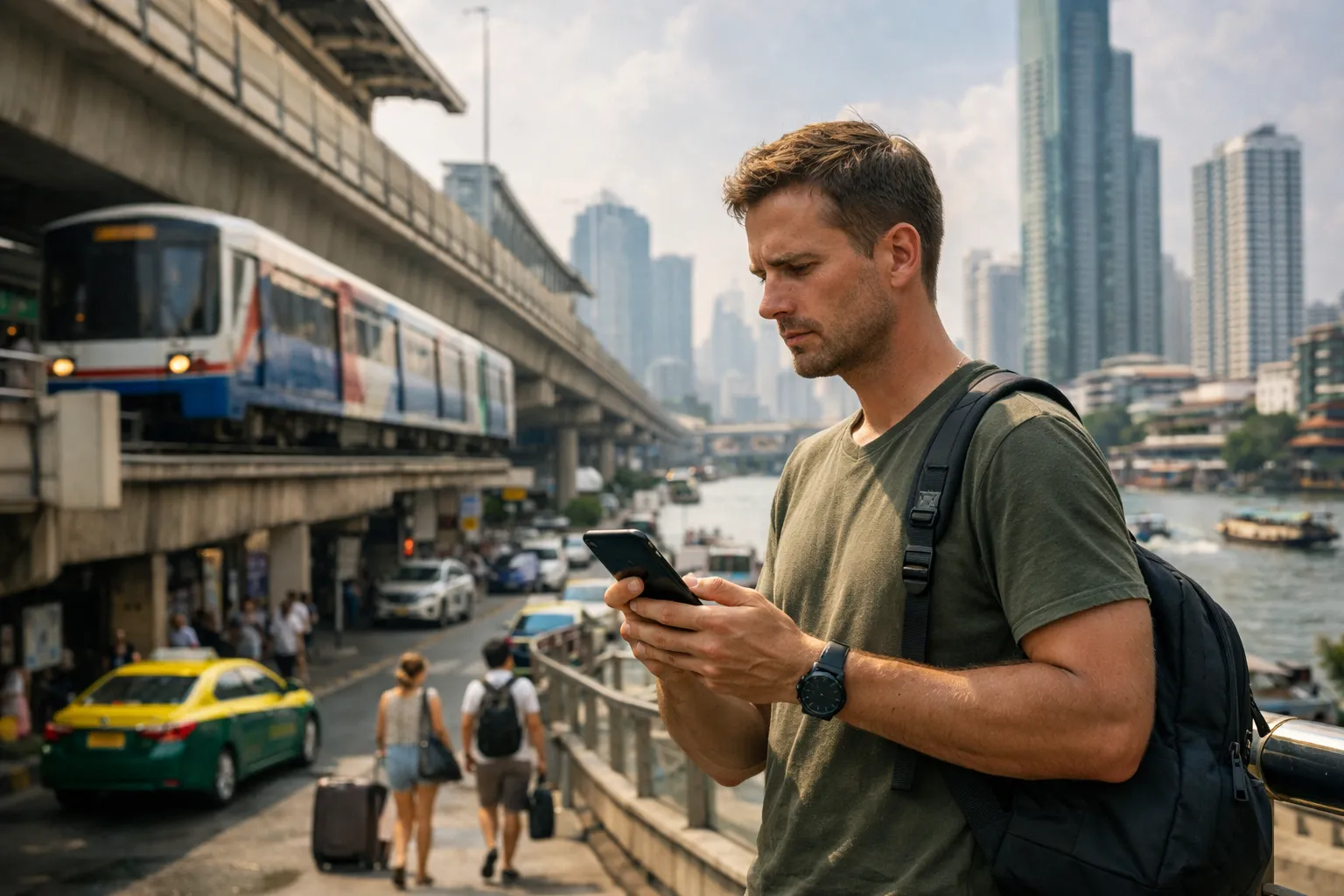Турист в Бангкоке проверяет текущую обстановку, погоду и важную информацию перед поездкой по городу