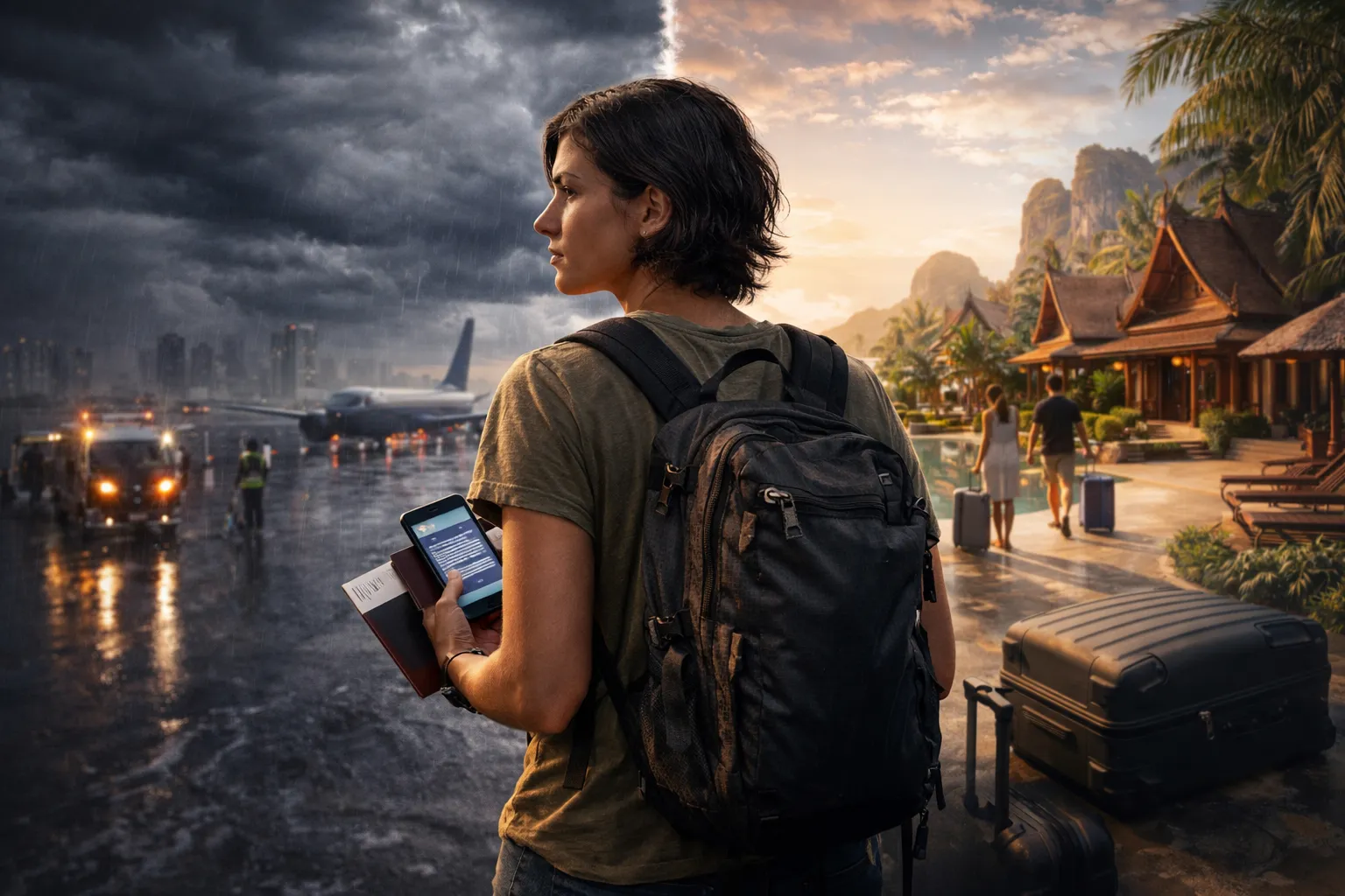 Турист в аэропорту проверяет поездку в Таиланд на фоне табло вылетов, чемодана и тропического travel-сцения
