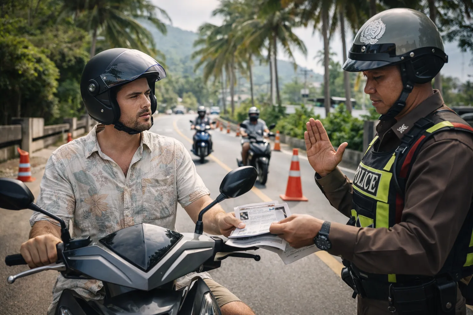 Полицейская проверка туриста на арендованном байке на Пхукете в оживлённом курортном районе, инспектор проверяет шлем и документы