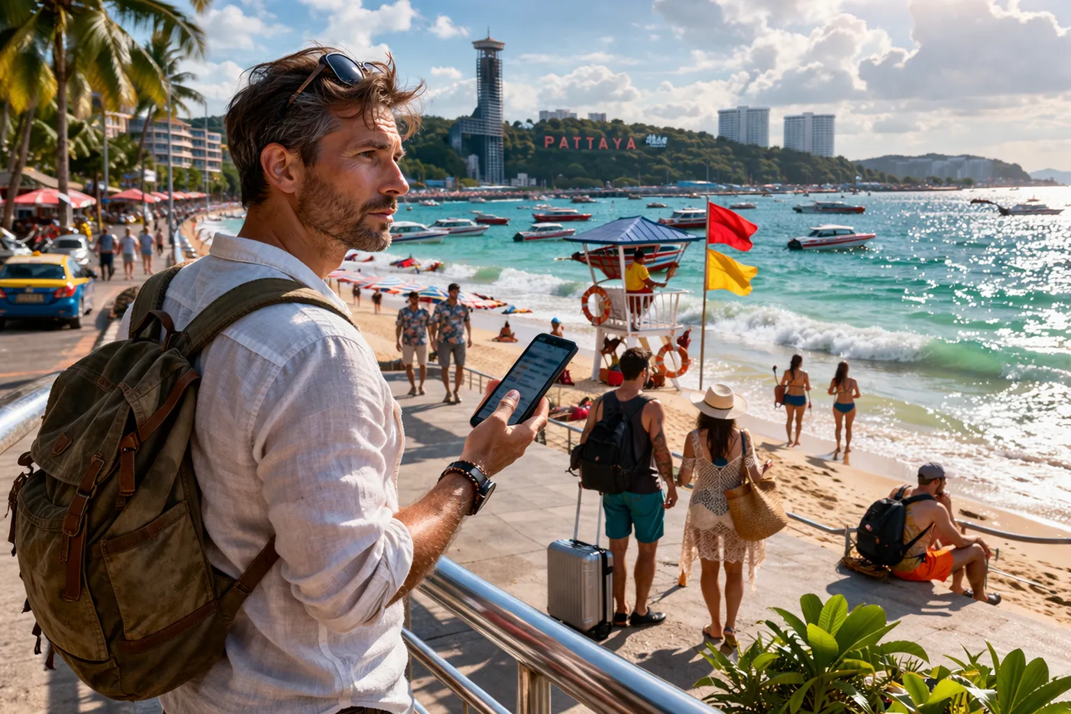 Турист в Паттайе проверяет актуальную обстановку на курорте перед поездкой, оценивая безопасность, цены и условия отдыха