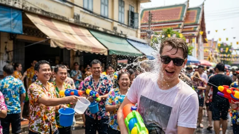 Сонгкран в Таиланде: туристы и местные жители празднуют тайский Новый год с водой на оживлённой улице