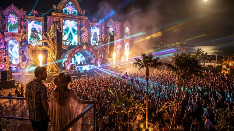 Tomorrowland Thailand 2026 in Pattaya festival atmosphere with large main stage crowd lights and tropical event setting